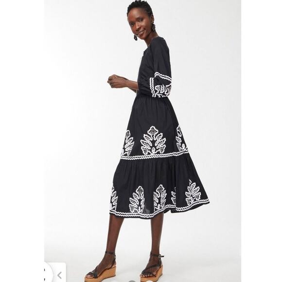 Chico’s Embroidered Boho Midi Dress Black White Size 3 XL 16 Resort Cruise - Picture 2 of 11